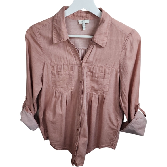 Joie Tops - Joie Soft Pink Cotton Pleated Button Down Blouse Roll Tab Sleeves Size XS